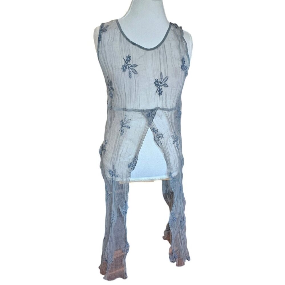 Vintage 90s Sheer Split Tank Tunic Embroidered Sage Green S/M Festival Boho